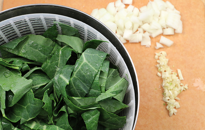 Stewed Collard Greens with Tomatoes by Early Morning Farm CSA