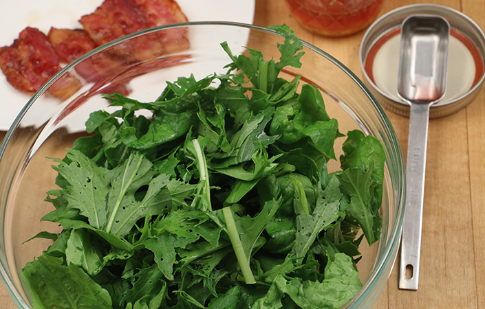 Warm Mizuna, Arugula, & Spinach Salad with Bacon