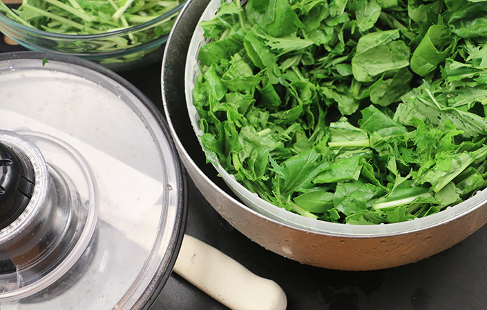 Warm Mizuna, Arugula, & Spinach Salad with Bacon