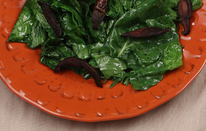 Warm Mizuna, Arugula, & Spinach Salad with Shitake Mushrooms
