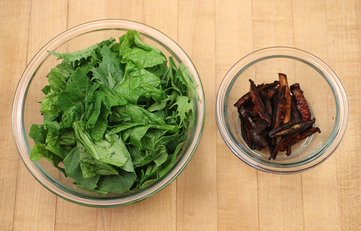 Warm Mizuna, Arugula, & Spinach Salad with Shitake Mushrooms