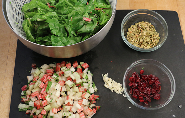 Sauted Swiss Chard with Cranberries & Pumpkin Seeds
