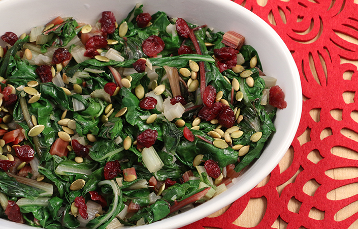 Sauted Swiss Chard with Cranberries & Pumpkin Seeds