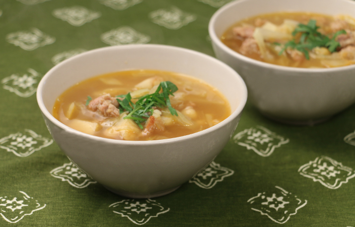 Celeriac Cabbage Soup with Chickpeas & Sausage