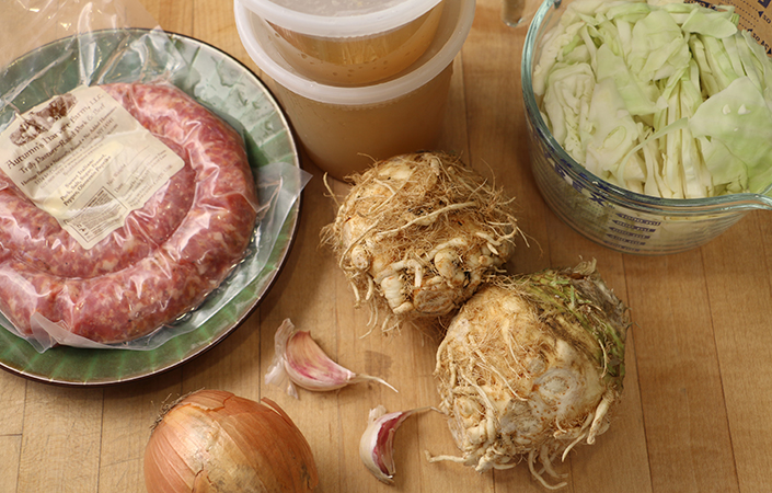 Celeriac Cabbage Soup with Chickpeas & Sausage