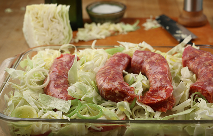 Baked Cabbage with Sausage, Leeks & Potato