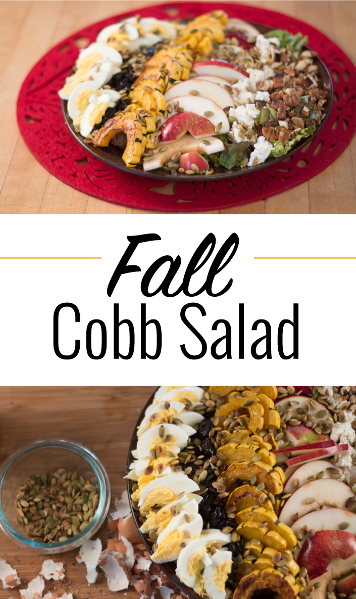 A fall version of Cobb Salad with sweet roasted squash, toasted seeds, and dried fruit.