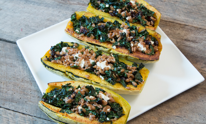 Stuffed Delicata Squash with Farro, Dried Cranberries, & Feta Cheese