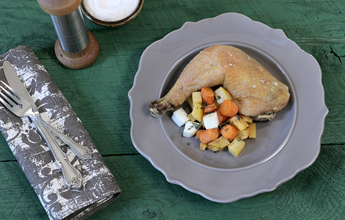 Flat Roasted Chicken with CSA Vegetables